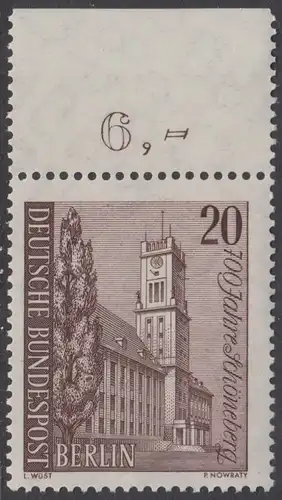 BERLIN 1964 Michel-Nummer 233 postfrisch EINZELMARKE RAND oben (d) - Schöneberg, Rathaus