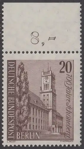 BERLIN 1964 Michel-Nummer 233 postfrisch EINZELMARKE RAND oben (f) - Schöneberg, Rathaus