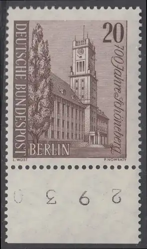 BERLIN 1964 Michel-Nummer 233 postfrisch EINZELMARKE RAND unten m/ Bogenzähler - Schöneberg, Rathaus