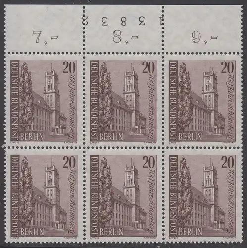 BERLIN 1964 Michel-Nummer 233 postfrisch horiz.BLOCK(6) RÄNDER oben m/ Bogenzähler - Schöneberg, Rathaus