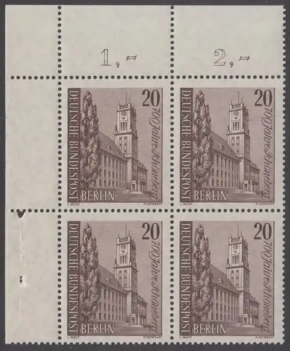 BERLIN 1964 Michel-Nummer 233 postfrisch BLOCK ECKRAND oben links - Schöneberg, Rathaus