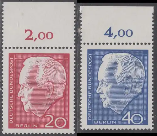 BERLIN 1964 Michel-Nummer 234-235 postfrisch SATZ(2) EINZELMARKEN RÄNDER oben (a) - Wiederwahl des Bundespräsidenten Heinrich Lübke