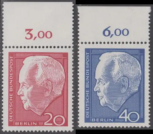 BERLIN 1964 Michel-Nummer 234-235 postfrisch SATZ(2) EINZELMARKEN RÄNDER oben (b) - Wiederwahl des Bundespräsidenten Heinrich Lübke