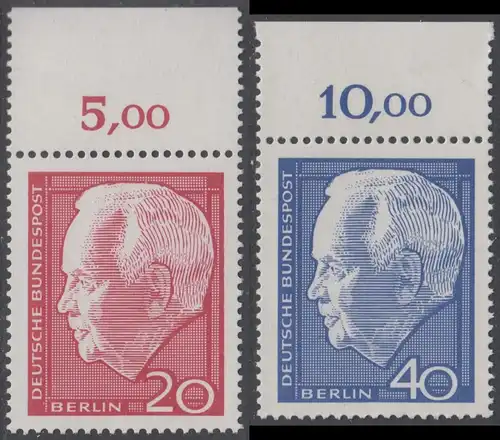BERLIN 1964 Michel-Nummer 234-235 postfrisch SATZ(2) EINZELMARKEN RÄNDER oben (d) - Wiederwahl des Bundespräsidenten Heinrich Lübke
