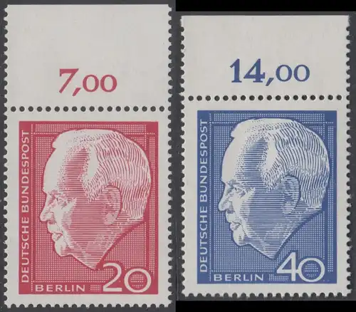 BERLIN 1964 Michel-Nummer 234-235 postfrisch SATZ(2) EINZELMARKEN RÄNDER oben (f) - Wiederwahl des Bundespräsidenten Heinrich Lübke