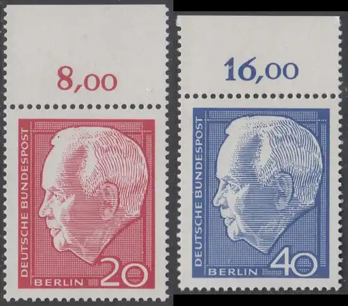 BERLIN 1964 Michel-Nummer 234-235 postfrisch SATZ(2) EINZELMARKEN RÄNDER oben (g) - Wiederwahl des Bundespräsidenten Heinrich Lübke