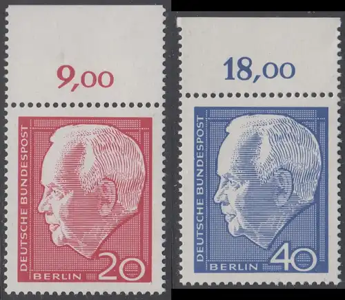 BERLIN 1964 Michel-Nummer 234-235 postfrisch SATZ(2) EINZELMARKEN RÄNDER oben (k) - Wiederwahl des Bundespräsidenten Heinrich Lübke