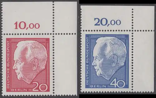 BERLIN 1964 Michel-Nummer 234-235 postfrisch SATZ(2) EINZELMARKEN ECKRÄNDER oben rechts - Wiederwahl des Bundespräsidenten Heinrich Lübke