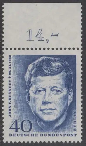 BERLIN 1964 Michel-Nummer 241 postfrisch EINZELMARKE RAND oben (f) - John F. Kennedy, US-Präsident