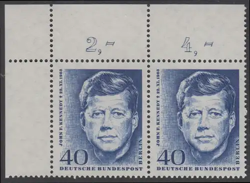 BERLIN 1964 Michel-Nummer 241 postfrisch horiz.PAAR ECKRAND oben links - John F. Kennedy, US-Präsident