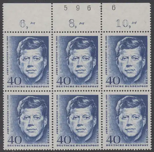 BERLIN 1964 Michel-Nummer 241 postfrisch horiz.BLOCK(6) RÄNDER oben m/ Bogenzähler - John F. Kennedy, US-Präsident