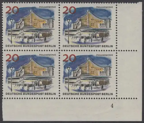 BERLIN 1965 Michel-Nummer 256 postfrisch BLOCK ECKRAND unten rechts m/ Formnummer - Das neue Berlin: Neue Philharmonie