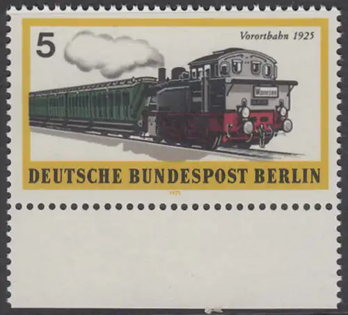 BERLIN 1971 Michel-Nummer 379 postfrisch EINZELMARKE RAND unten - Berliner Verkehrsmittel: Schienenfahrzeuge, Vorortbahn