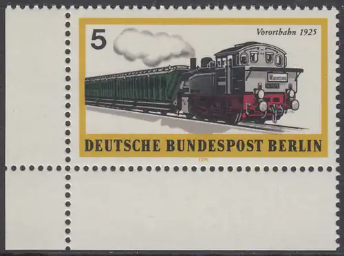 BERLIN 1971 Michel-Nummer 379 postfrisch EINZELMARKE ECKRAND unten links - Berliner Verkehrsmittel: Schienenfahrzeuge, Vorortbahn