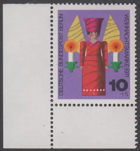 BERLIN 1971 Michel-Nummer 417 postfrisch EINZELMARKE ECKRAND unten links - Weihnachten, Holzgedrechselter Weihnachtsengel
