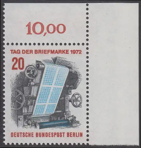 BERLIN 1972 Michel-Nummer 439 postfrisch EINZELMARKE ECKRAND oben rechts - Tag der Briefmarke