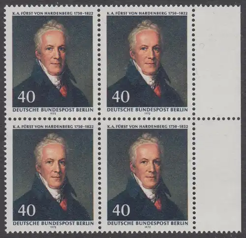 BERLIN 1972 Michel-Nummer 440 postfrisch BLOCK RÄNDER rechts - Karl August Fürst von Hardenberg, preuß. Staatsmann