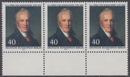 BERLIN 1972 Michel-Nummer 440 postfrisch horiz.STRIP(3) RÄNDER unten - Karl August Fürst von Hardenberg, preuß. Staatsmann