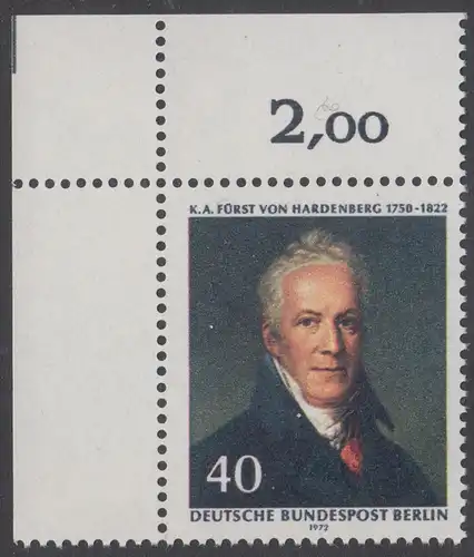 BERLIN 1972 Michel-Nummer 440 postfrisch EINZELMARKE ECKRAND oben links - Karl August Fürst von Hardenberg, preuß. Staatsmann