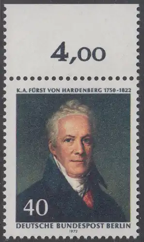 BERLIN 1972 Michel-Nummer 440 postfrisch EINZELMARKE RAND oben (a) - Karl August Fürst von Hardenberg, preuß. Staatsmann