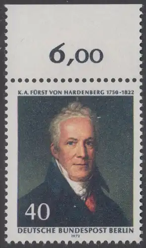 BERLIN 1972 Michel-Nummer 440 postfrisch EINZELMARKE RAND oben (b) - Karl August Fürst von Hardenberg, preuß. Staatsmann
