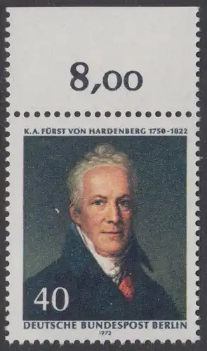 BERLIN 1972 Michel-Nummer 440 postfrisch EINZELMARKE RAND oben (c) - Karl August Fürst von Hardenberg, preuß. Staatsmann