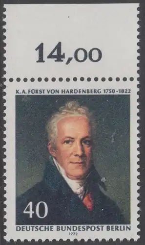 BERLIN 1972 Michel-Nummer 440 postfrisch EINZELMARKE RAND oben (f) - Karl August Fürst von Hardenberg, preuß. Staatsmann