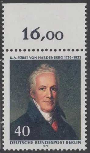 BERLIN 1972 Michel-Nummer 440 postfrisch EINZELMARKE RAND oben (g) - Karl August Fürst von Hardenberg, preuß. Staatsmann