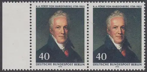 BERLIN 1972 Michel-Nummer 440 postfrisch horiz.PAAR RAND links - Karl August Fürst von Hardenberg, preuß. Staatsmann