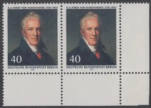 BERLIN 1972 Michel-Nummer 440 postfrisch horiz.PAAR ECKRAND unten rechts - Karl August Fürst von Hardenberg, preuß. Staatsmann