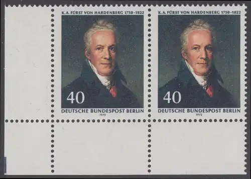 BERLIN 1972 Michel-Nummer 440 postfrisch horiz.PAAR ECKRAND unten links - Karl August Fürst von Hardenberg, preuß. Staatsmann