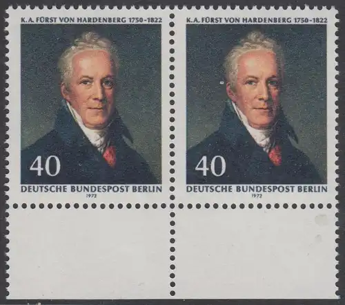 BERLIN 1972 Michel-Nummer 440 postfrisch horiz.PAAR RÄNDER unten - Karl August Fürst von Hardenberg, preuß. Staatsmann