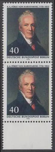 BERLIN 1972 Michel-Nummer 440 postfrisch vert.PAAR RAND unten - Karl August Fürst von Hardenberg, preuß. Staatsmann