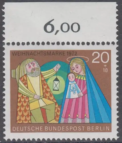BERLIN 1972 Michel-Nummer 441 postfrisch EINZELMARKE RAND oben (a) - Weihnachten