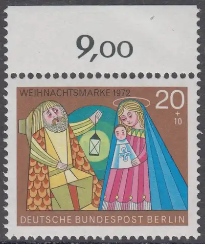 BERLIN 1972 Michel-Nummer 441 postfrisch EINZELMARKE RAND oben (b) - Weihnachten