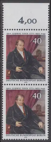 BERLIN 1973 Michel-Nummer 452 postfrisch vert.PAAR RAND oben (a) - Ludwig Tieck, Dichter