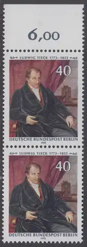 BERLIN 1973 Michel-Nummer 452 postfrisch vert.PAAR RAND oben (b) - Ludwig Tieck, Dichter
