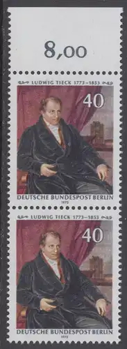 BERLIN 1973 Michel-Nummer 452 postfrisch vert.PAAR RAND oben (c) - Ludwig Tieck, Dichter