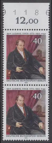 BERLIN 1973 Michel-Nummer 452 postfrisch vert.PAAR RAND oben (e) m/ Bogenzähler - Ludwig Tieck, Dichter