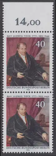 BERLIN 1973 Michel-Nummer 452 postfrisch vert.PAAR RAND oben (f) - Ludwig Tieck, Dichter