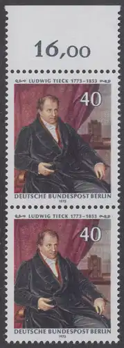 BERLIN 1973 Michel-Nummer 452 postfrisch vert.PAAR RAND oben (g) - Ludwig Tieck, Dichter