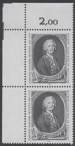 BERLIN 1973 Michel-Nummer 454 postfrisch vert.PAAR ECKRAND oben links - Johann Joachim Quantz, Flötist und Komponist