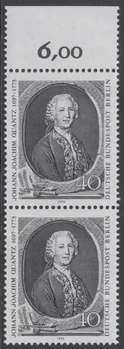 BERLIN 1973 Michel-Nummer 454 postfrisch vert.PAAR RAND oben (b) - Johann Joachim Quantz, Flötist und Komponist