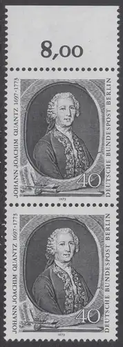 BERLIN 1973 Michel-Nummer 454 postfrisch vert.PAAR RAND oben (c) - Johann Joachim Quantz, Flötist und Komponist