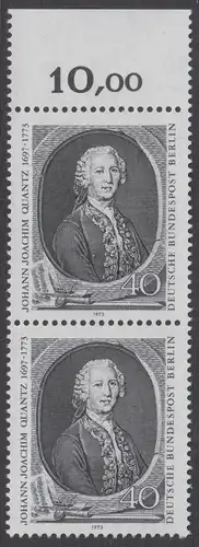 BERLIN 1973 Michel-Nummer 454 postfrisch vert.PAAR RAND oben (d) - Johann Joachim Quantz, Flötist und Komponist