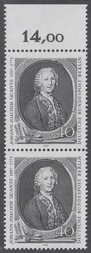 BERLIN 1973 Michel-Nummer 454 postfrisch vert.PAAR RAND oben (f) - Johann Joachim Quantz, Flötist und Komponist