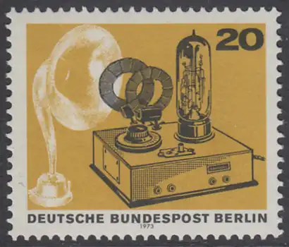 BERLIN 1973 Michel-Nummer 455 postfrisch EINZELMARKE - 50 Jahre Deutscher Rundfunk: Trichterlautsprecher, Batterieempfänger