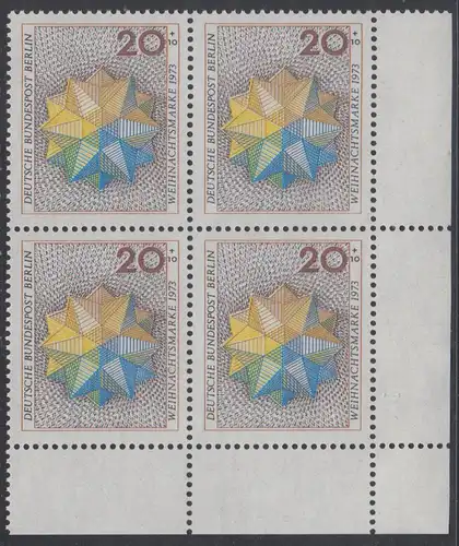 BERLIN 1973 Michel-Nummer 463 postfrisch BLOCK ECKRAND unten rechts - Weihnachten