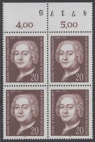 BERLIN 1974 Michel-Nummer 464 postfrisch BLOCK RÄNDER oben (a06) - Georg Wenzeslaus von Knobelsdorff, Baumeister und Maler