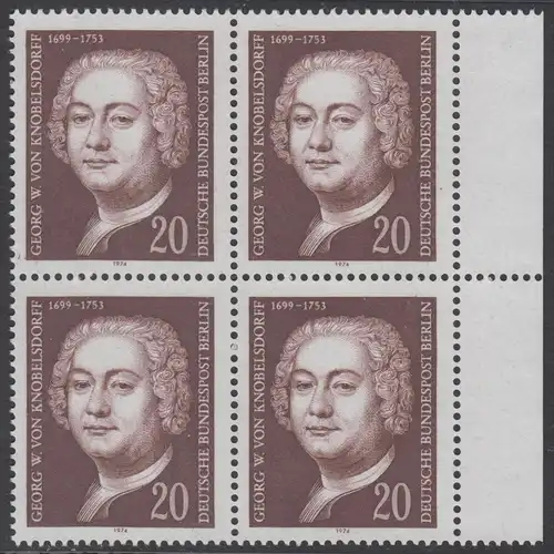 BERLIN 1974 Michel-Nummer 464 postfrisch BLOCK RÄNDER rechts - Georg Wenzeslaus von Knobelsdorff, Baumeister und Maler